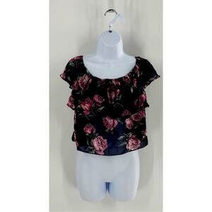 Lucy Paris Navyblue Pink Rose print Crop tiered top Whimsigoth Dark Coquette SM